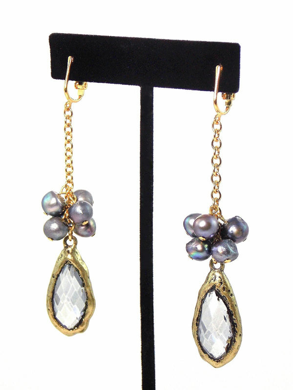 Gray Freshwater Pearl Long Gold Plated Crystal Statement Earrings