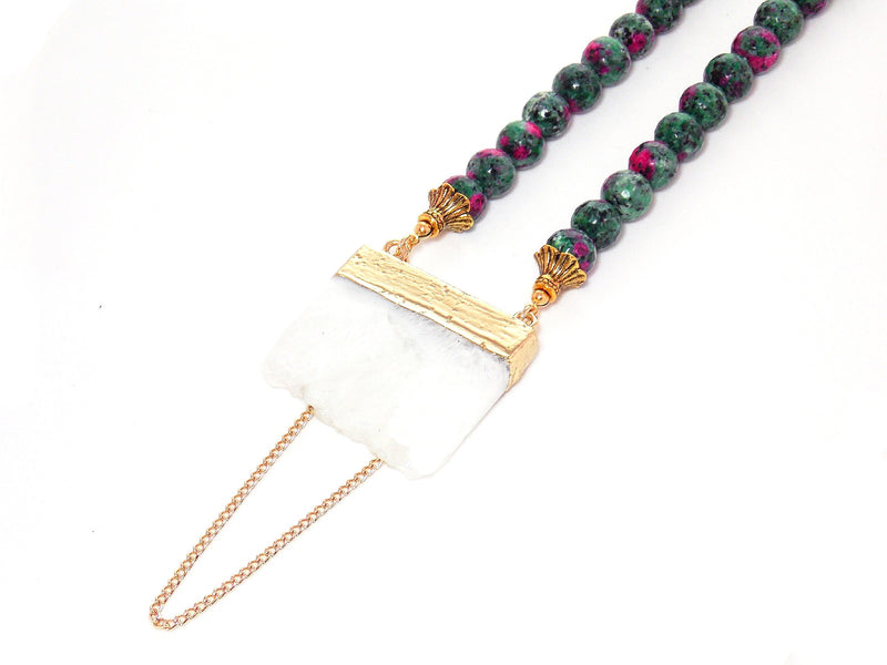 Green Ruby Zoisite, Gold Plated White Quartz, Beaded Gemstone Pendant Necklace
