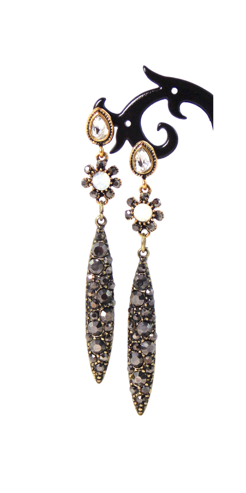 Black And Gold Flower Crystal Statement Earrings