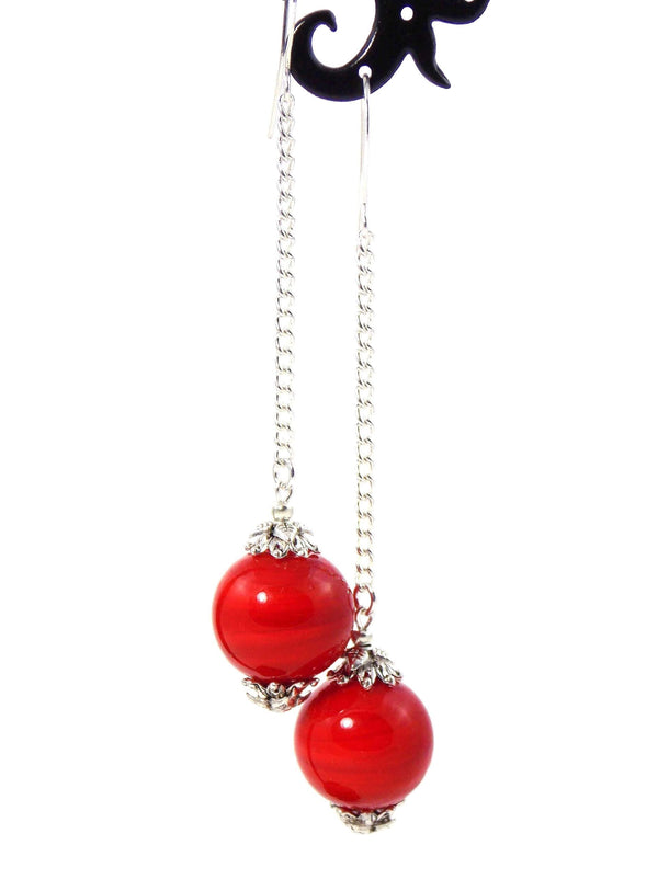 Cherry Red Ball Drop Silver Earrings