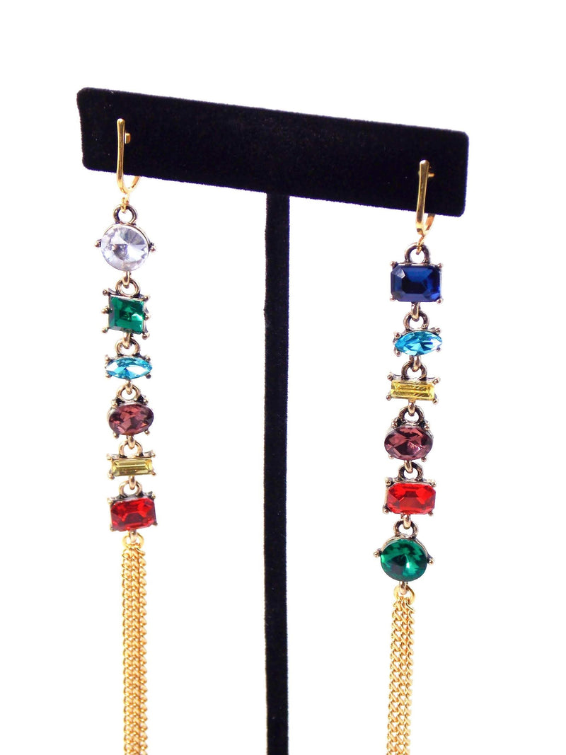 Mulitcolor Crystal Gem Long Gold Statement Earrings
