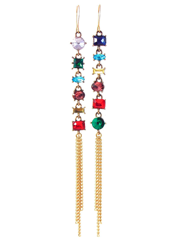 Mulitcolor Crystal Gem Long Gold Statement Earrings