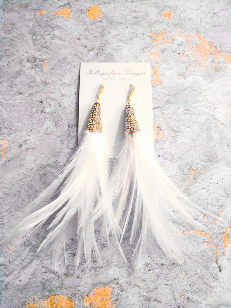White Feather Crystal Pave Gold Statement Earrings