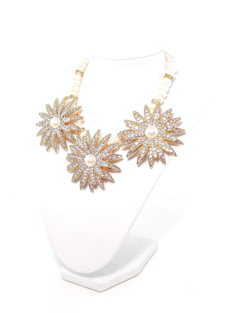 Gold Crystal Flower Freshwater Pearl Statement Necklace