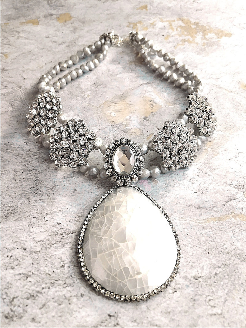 Gray Freshwater Pearl White Shell Pendant Statement Necklace