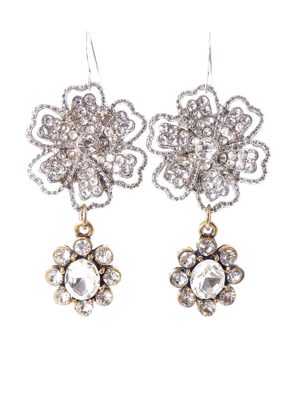Silver and Gold Crystal Flower Bridal Statement Earrings