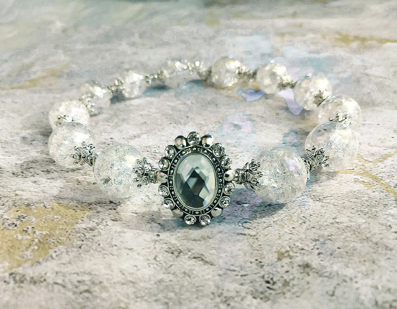Crackle Glass Silver Crystal Choker Bridal Necklace
