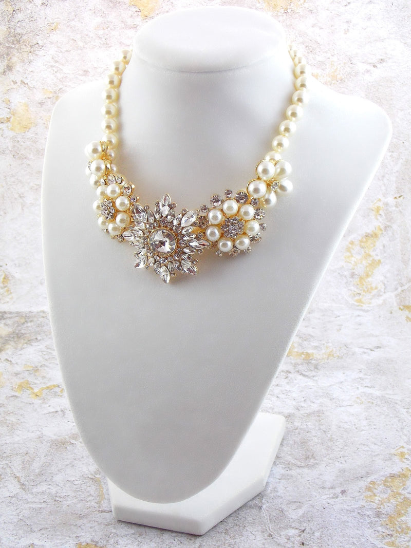 Swarovski Cream Pearl Gold Crystal Flower Bridal Statement Necklace