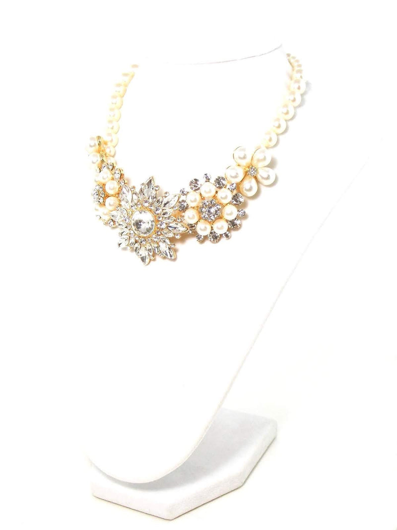Swarovski Cream Pearl Gold Crystal Flower Bridal Statement Necklace