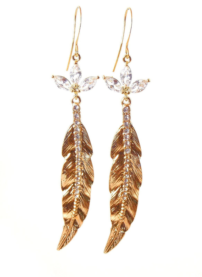 Gold Cubic Zirconia Crystal Feather Statement Earrings