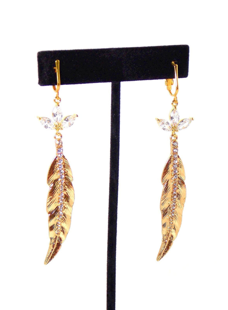 Gold Cubic Zirconia Crystal Feather Statement Earrings