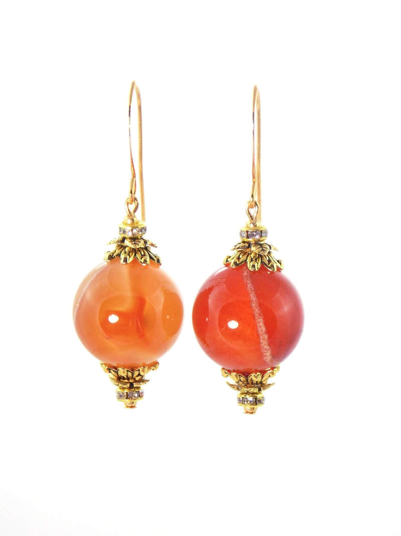 Orange Agate Ball Drop Short Gold Statement Earrings