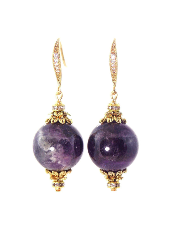 Amethyst Ball Drop Short Gold Statement Earrings by KMagnifiqueDesigns