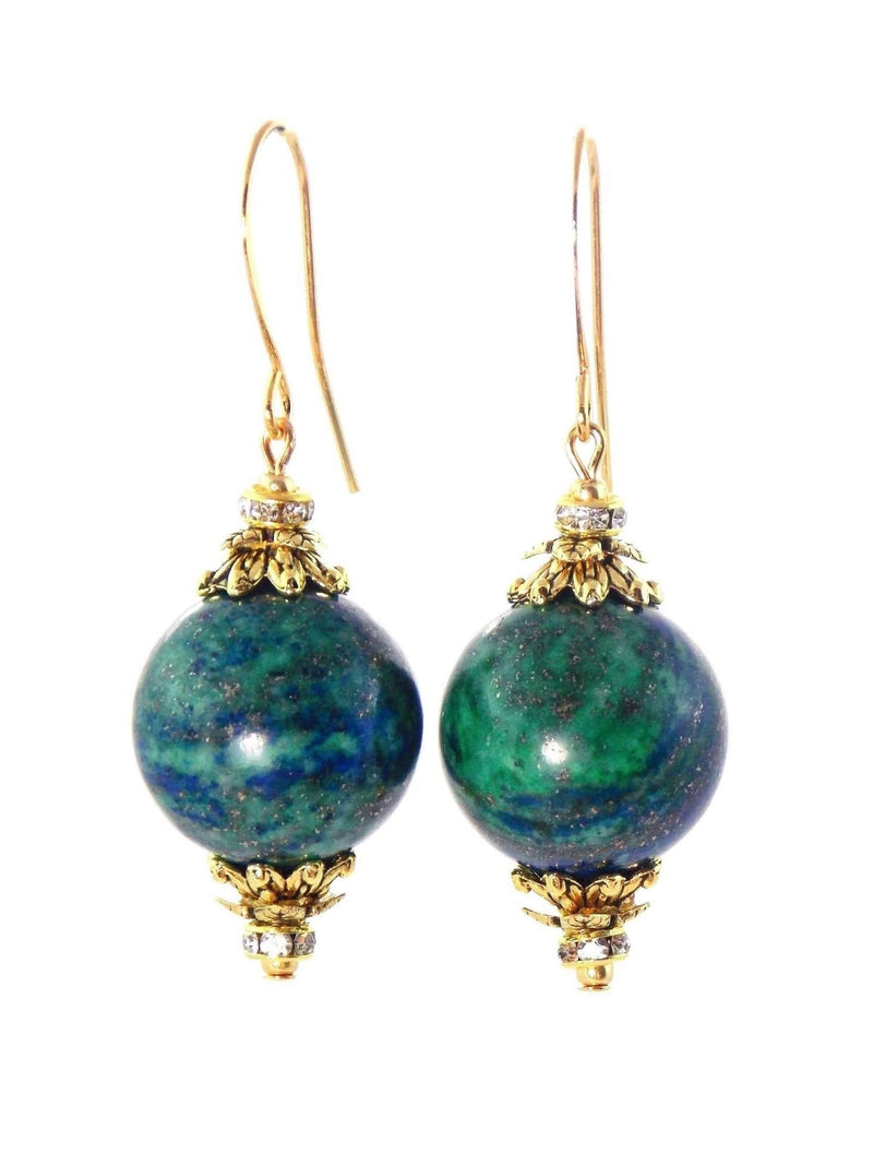 Green & Blue Azurite Ball Drop Short Gold Statement Earrings