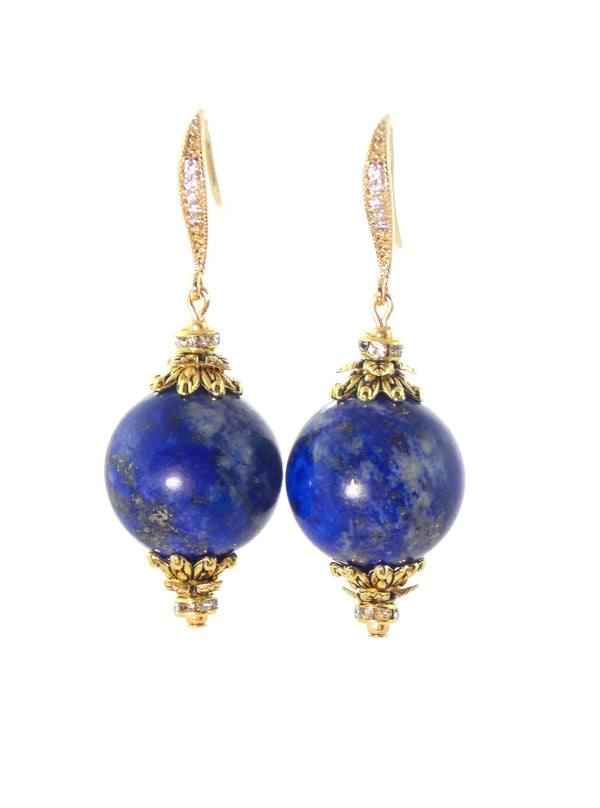 Blue Lapis Ball Drop Short Gold Statement Earrings