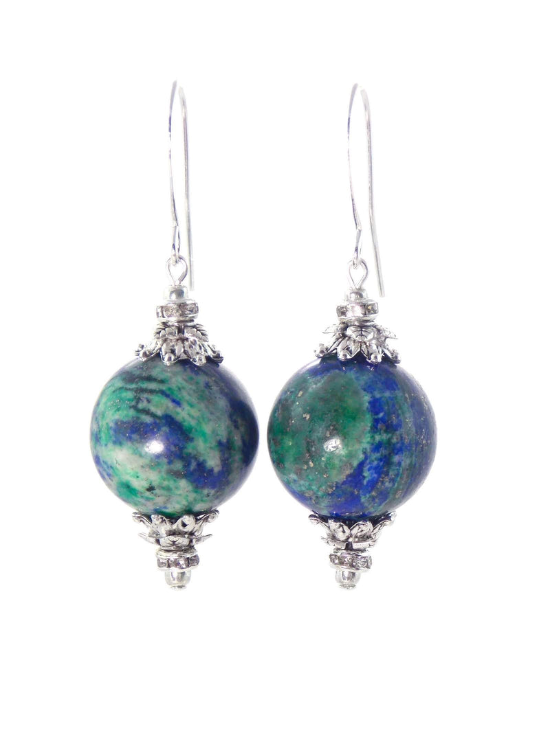Green & Blue Azurite Ball Drop Short Silver Statement Earrings