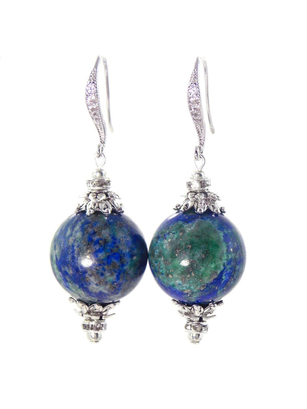 Green & Blue Azurite Ball Drop Short Silver Statement Earrings
