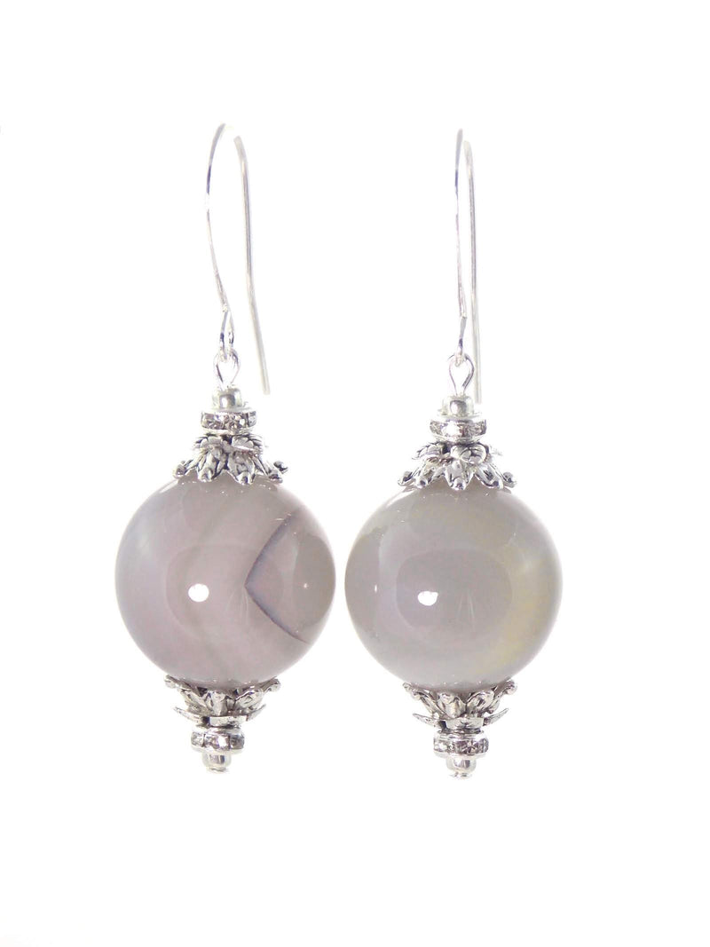 Gray Agate Ball Drop Short Silver Statement Earrings by KMagnifiqueDesigns