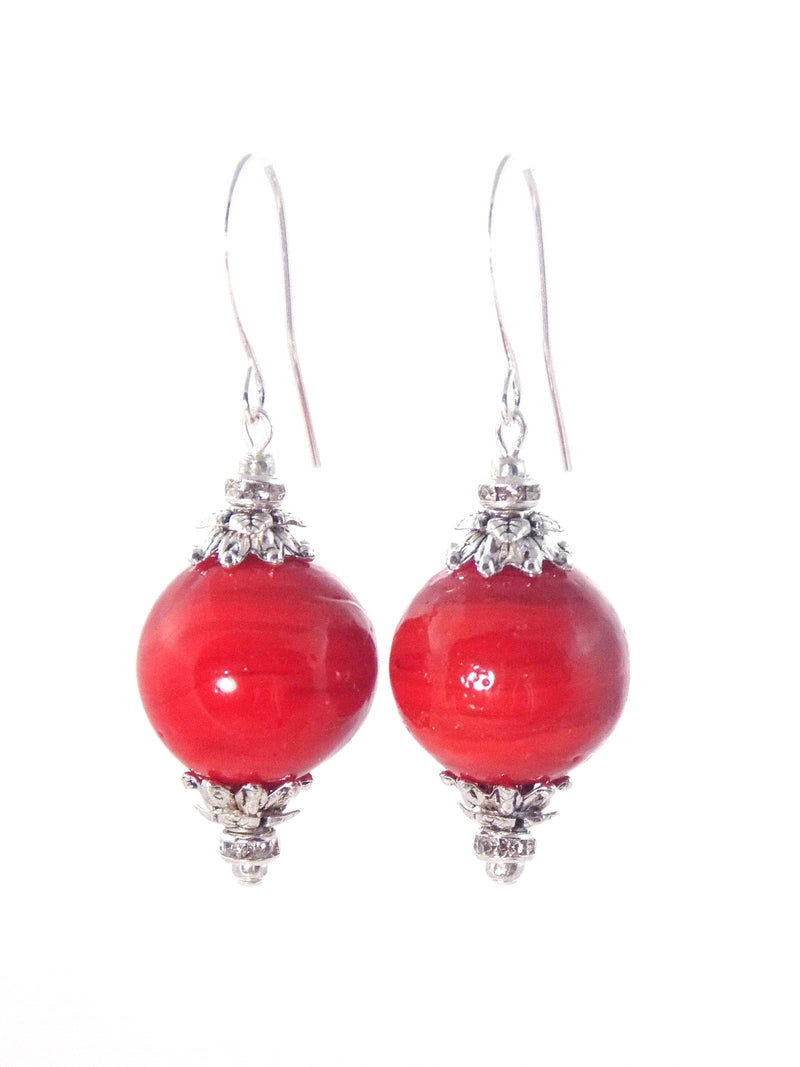 Red Ball Drop Silver Crystal Dangle Statement Earrings
