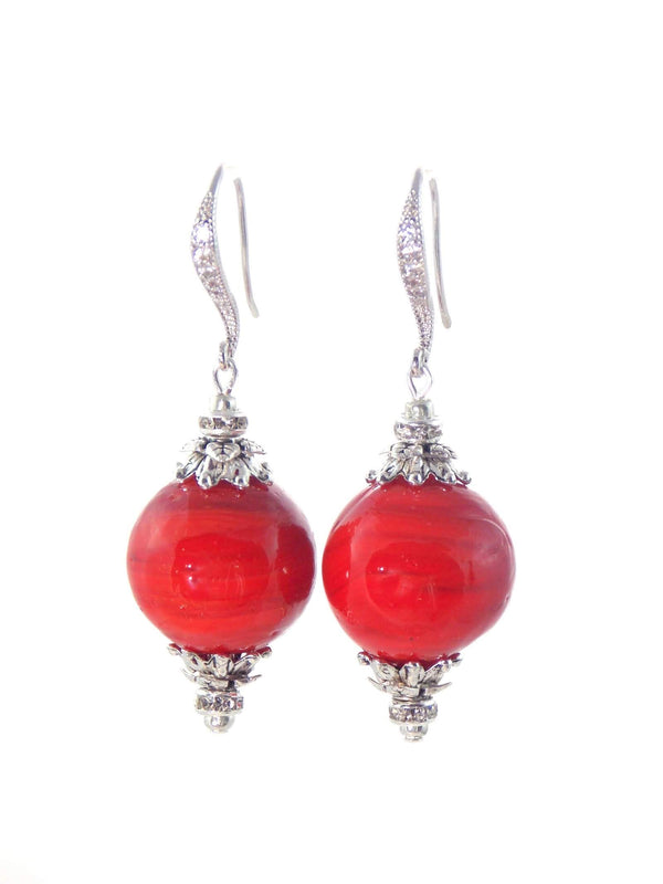 Red Ball Drop Silver Crystal Dangle Statement Earrings