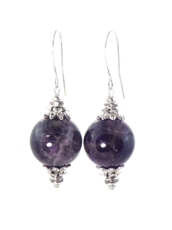 Amethyst Agate Ball Drop Short Silver Statement Earrings by KMagnifiqueDesigns