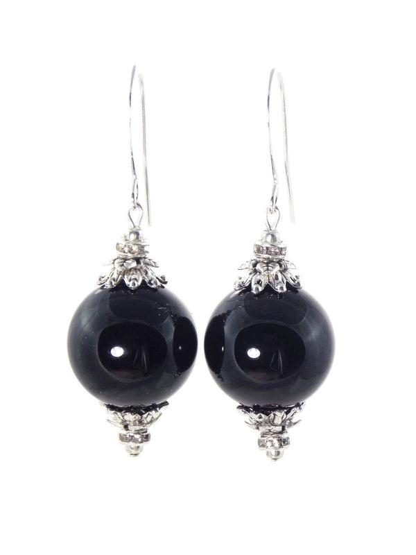 Black Onyx Ball Drop Short Silver Statement Earrings