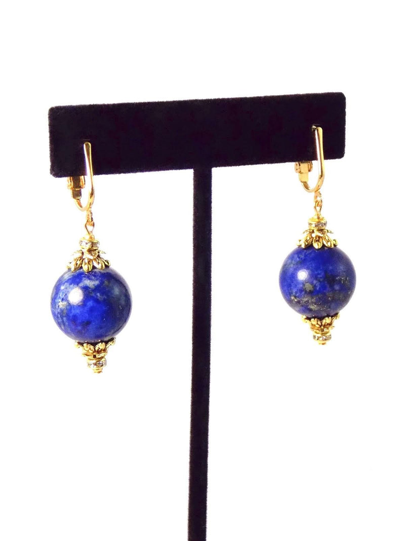 Blue Lapis Ball Drop Short Gold Statement Earrings
