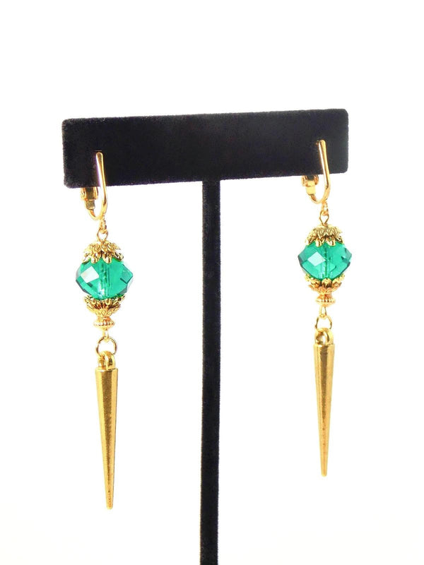 Green Emerald Glass Gold Spike Statement Earrings