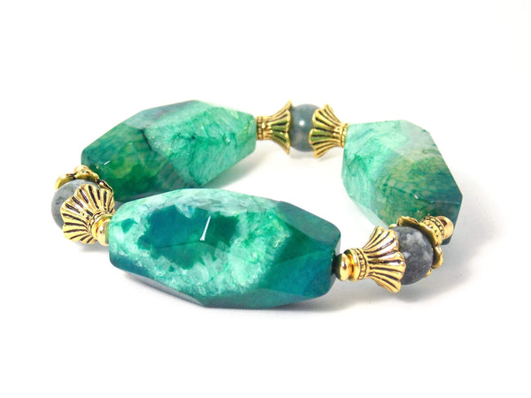 Chunky Green Agate Gold Plated Statement Bracelet
