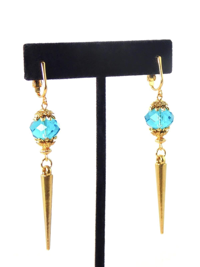 Sapphire Blue Crystal Glass Gold Spike Statement Earrings