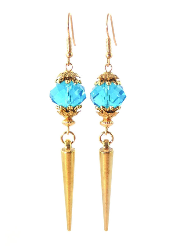 Sapphire Blue Crystal Glass Gold Spike Statement Earrings