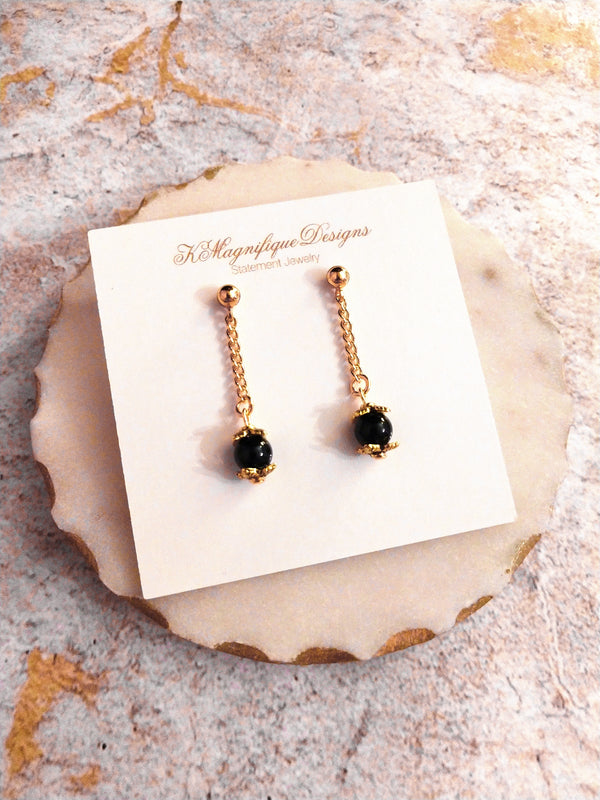 Custom Order: Delicate Black Agate Ball Drop Gold Chain Earrings