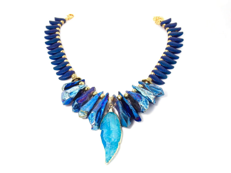 Blue Tribal Stone Gold Plated Feather Pendant Statement Necklace