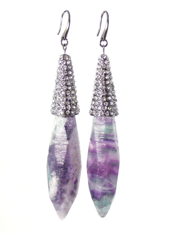 Amethyst Colored Fluorite Chunky Stone Crystal Pendant Statement Earrings