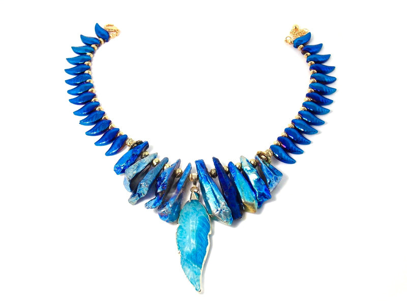 Blue Tribal Stone Gold Plated Feather Pendant Statement Necklace