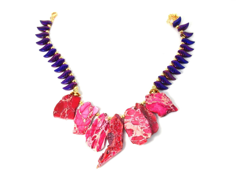 Imperial Pink Jasper Purple Iris Feather Leaf Bib Statement Necklace