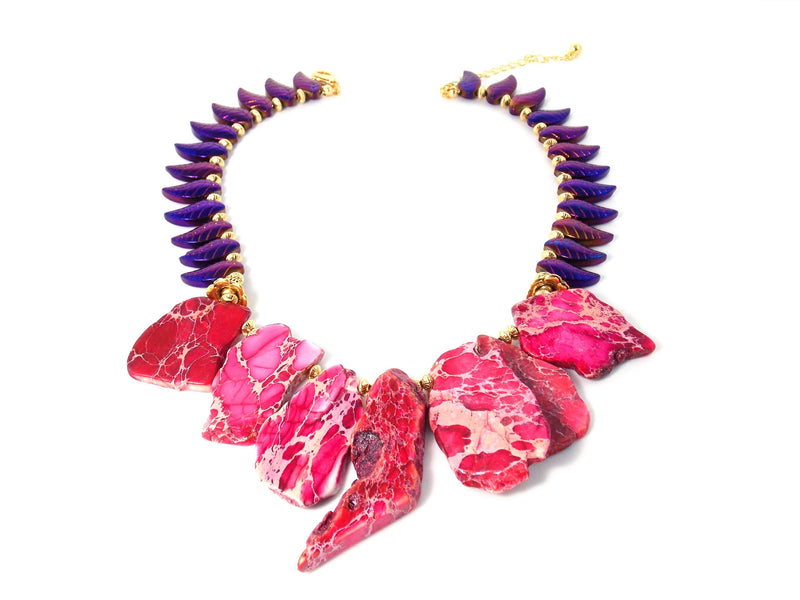 Imperial Pink Jasper Purple Iris Feather Leaf Bib Statement Necklace