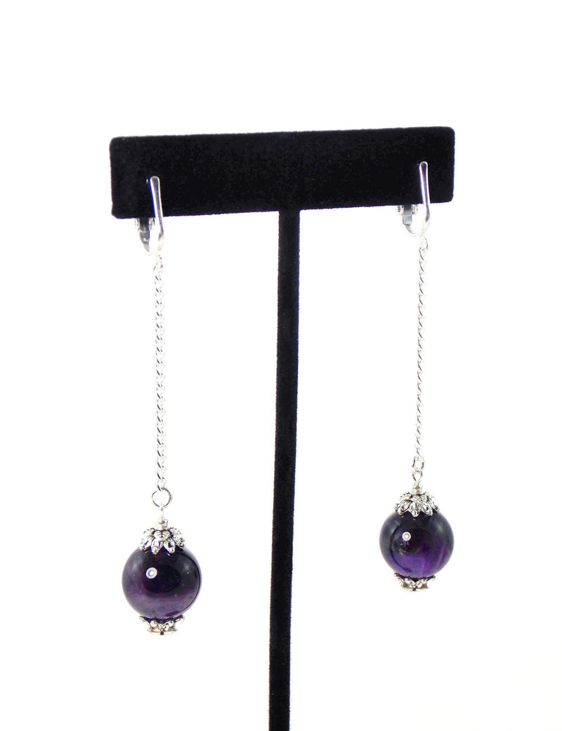 Amethyst Ball Drop Silver Chain Dangle Statement Earrings by KMagnifiqueDesigns