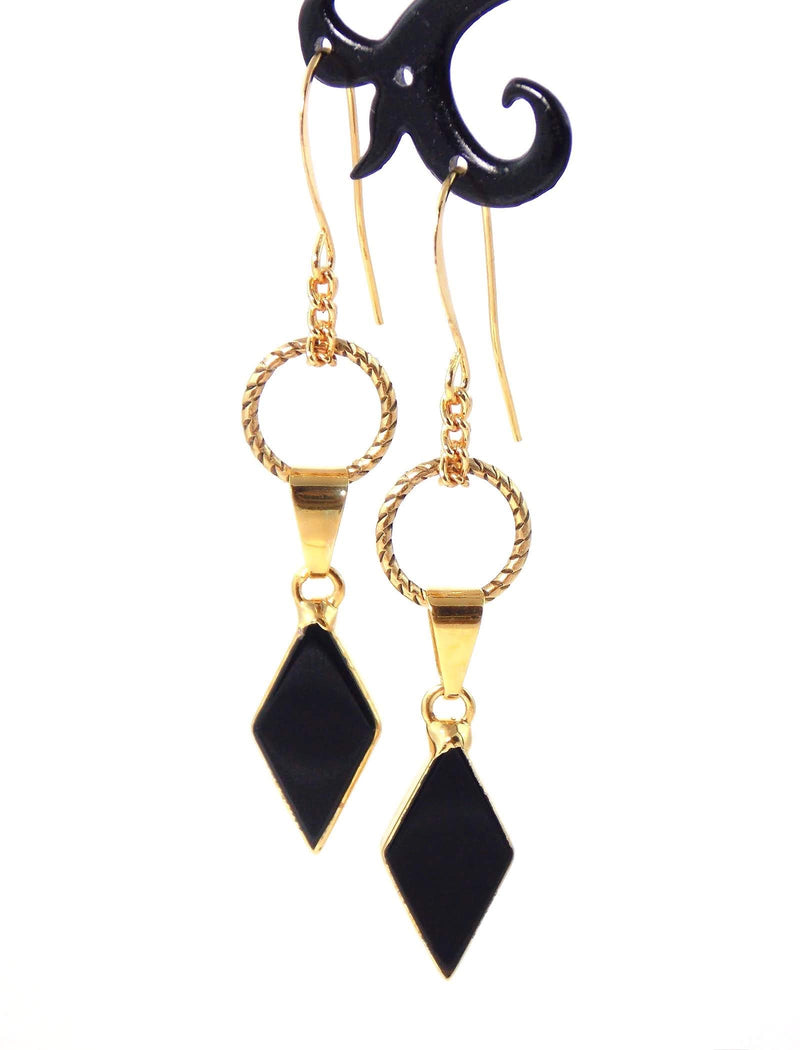Black Agate Art Deco Charm Gold Plated Statement Earrings by KMagnifiqueDesigns