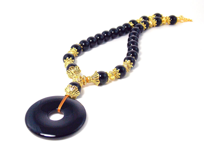 Black Onyx Gold Plated Round Pendant Statement Necklace by KMagnifiqueDesigns