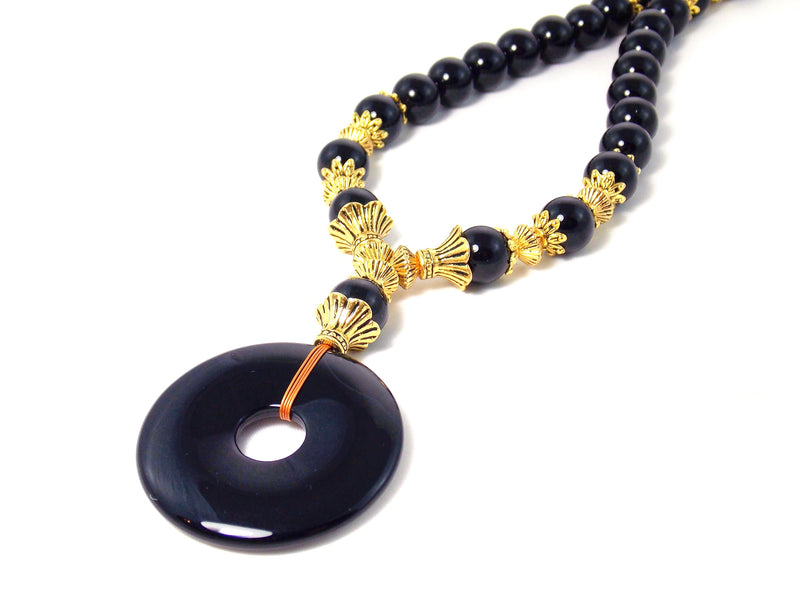 Black Onyx Gold Plated Round Pendant Statement Necklace by KMagnifiqueDesigns