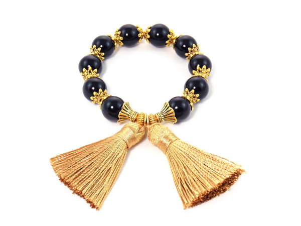 Black Agate Gold Tassel Statement Bracelet by KMagnifiqueDesigns