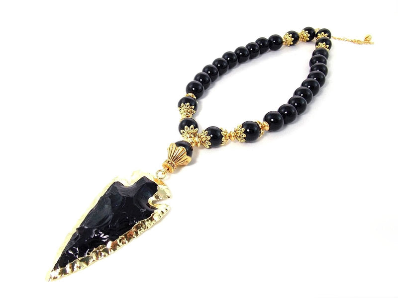 Onyx Obsidian Stone Black Arrow Gold Pendant Statement Necklace by KMagnifiqueDesigns
