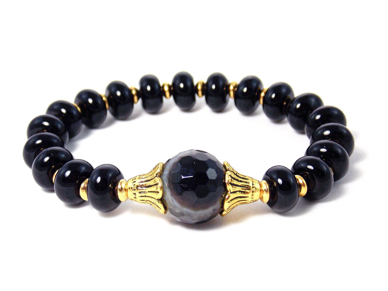 Black Faceted Agate & Onyx Stone Gold Plated Statement Bracelet by KMagnifiqueDesigns