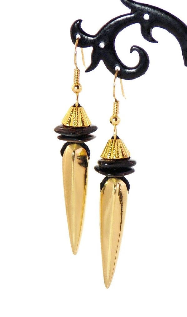 Black Mother Of Pearl Shell Gold Spike Dangle Earrings by KMagnifiqueDesigns