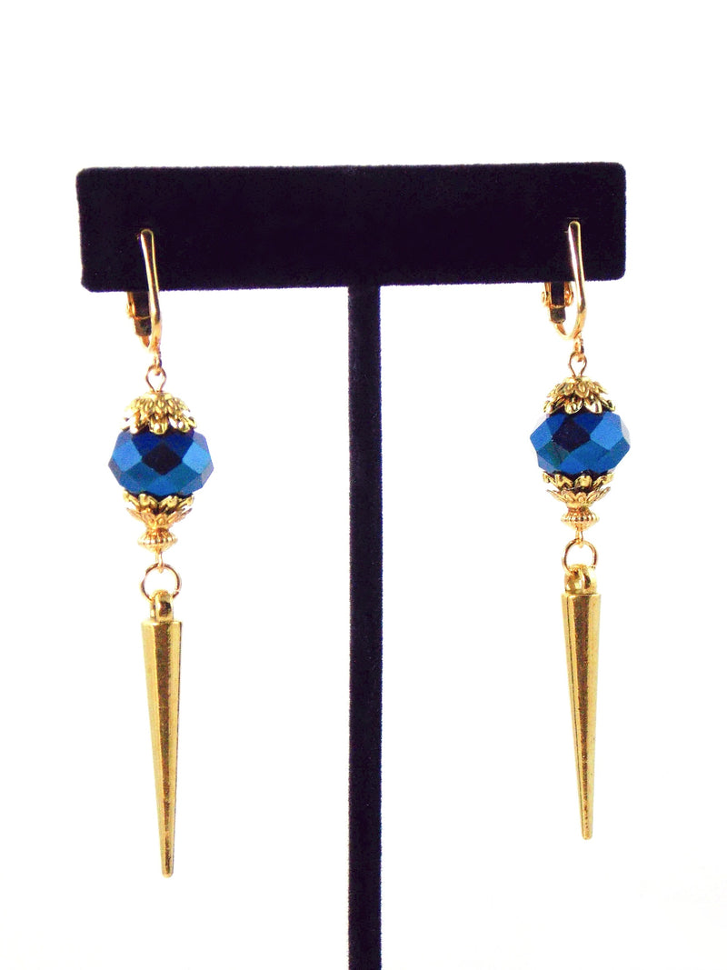 Blue Iris Crystal Glass Gold Spike Statement Earrings by KMagnifiqueDesigns