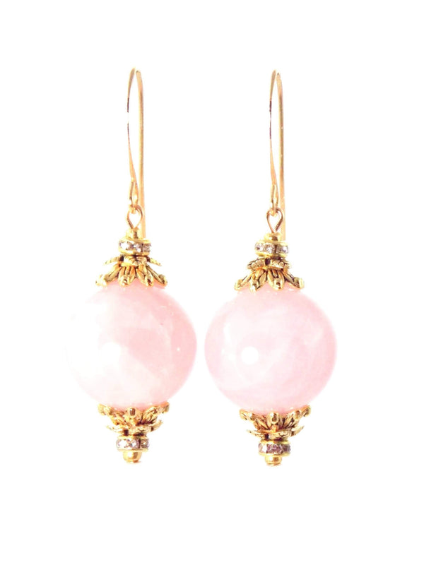 Pink Rose Quartz Ball Drop Short Gold Statement Earrings by KMagnifiqueDesigns