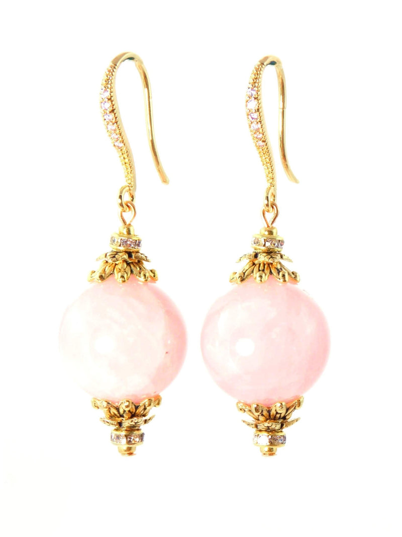 Pink Rose Quartz Ball Drop Short Gold Statement Earrings by KMagnifiqueDesigns