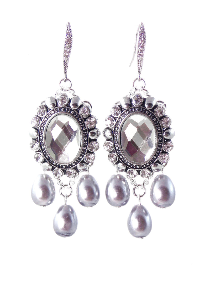 Silver Crystal Gray Pearl Bridal Statement Earrings by KMagnifiqueDesigns
