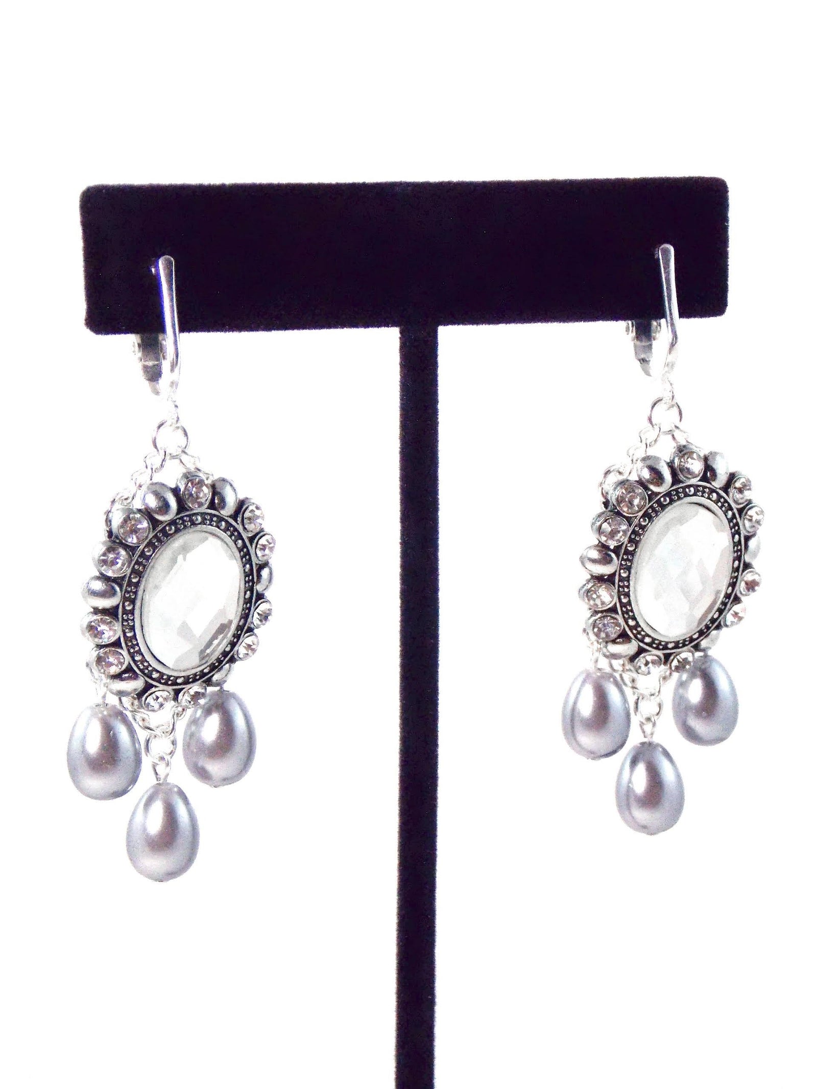 Silver Crystal Gray Pearl Bridal Statement Earrings